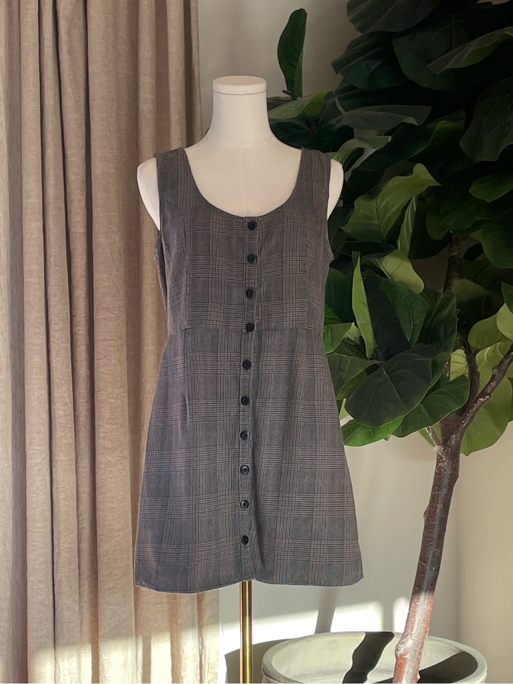 Obey Grey Plaid Button-Front Mini Dress